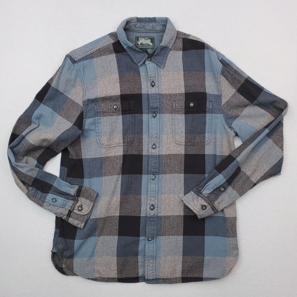 Roots Canada Shirt Mens Large Blue Gray Plaid Flannel Button Up Outdoorsman